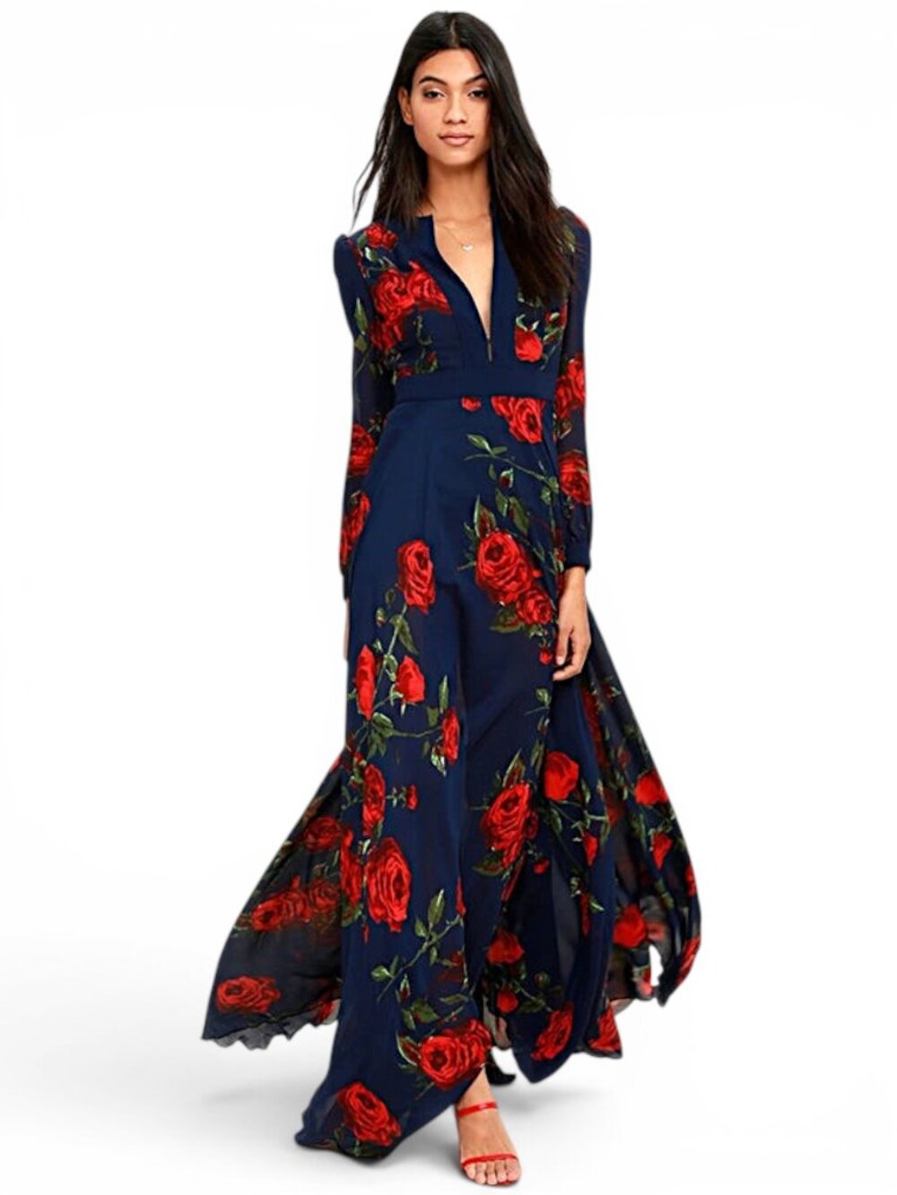 Lulus Blossom Buddy Red and Navy Blue Floral Print Maxi Dress Long New NWT S